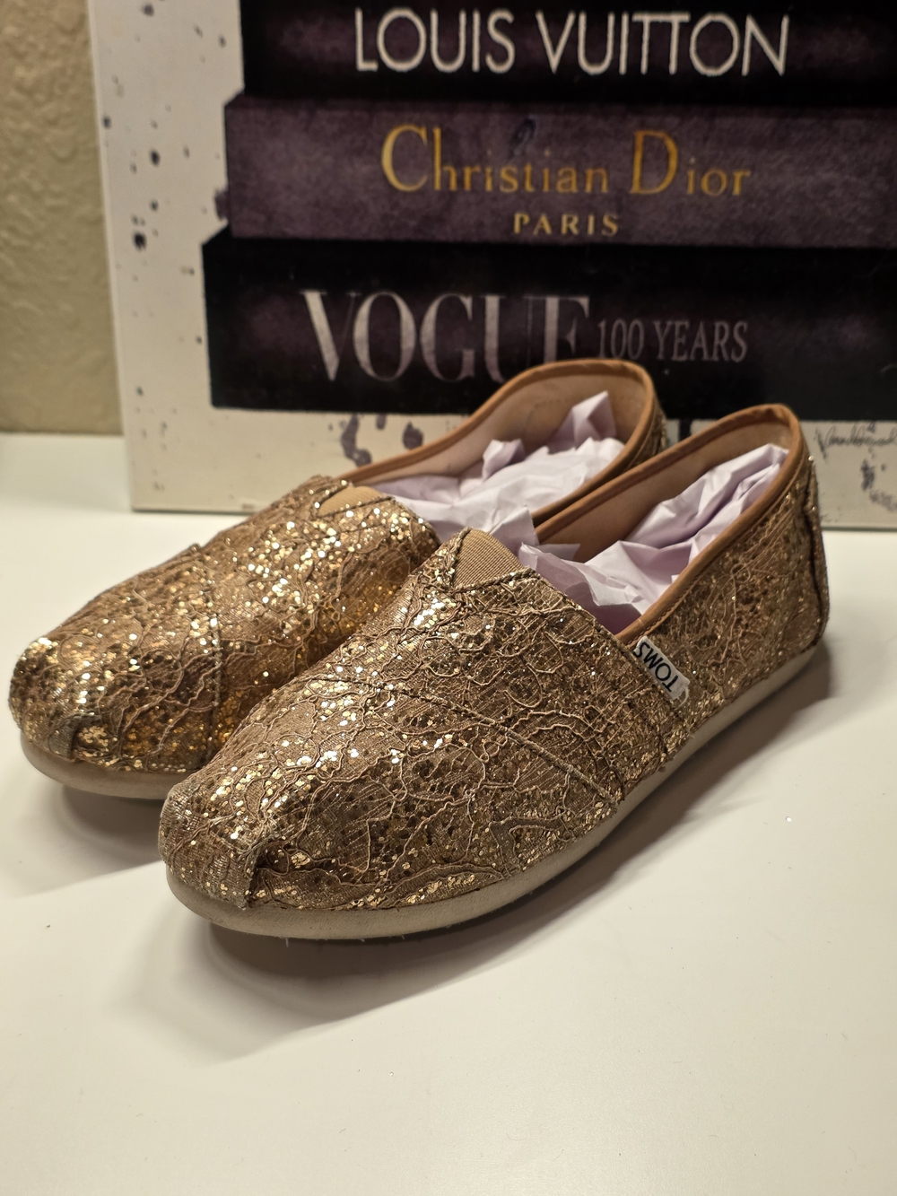 TOMS Bronze Glitter Lace Espadrilles - Women's Slip-On Flats